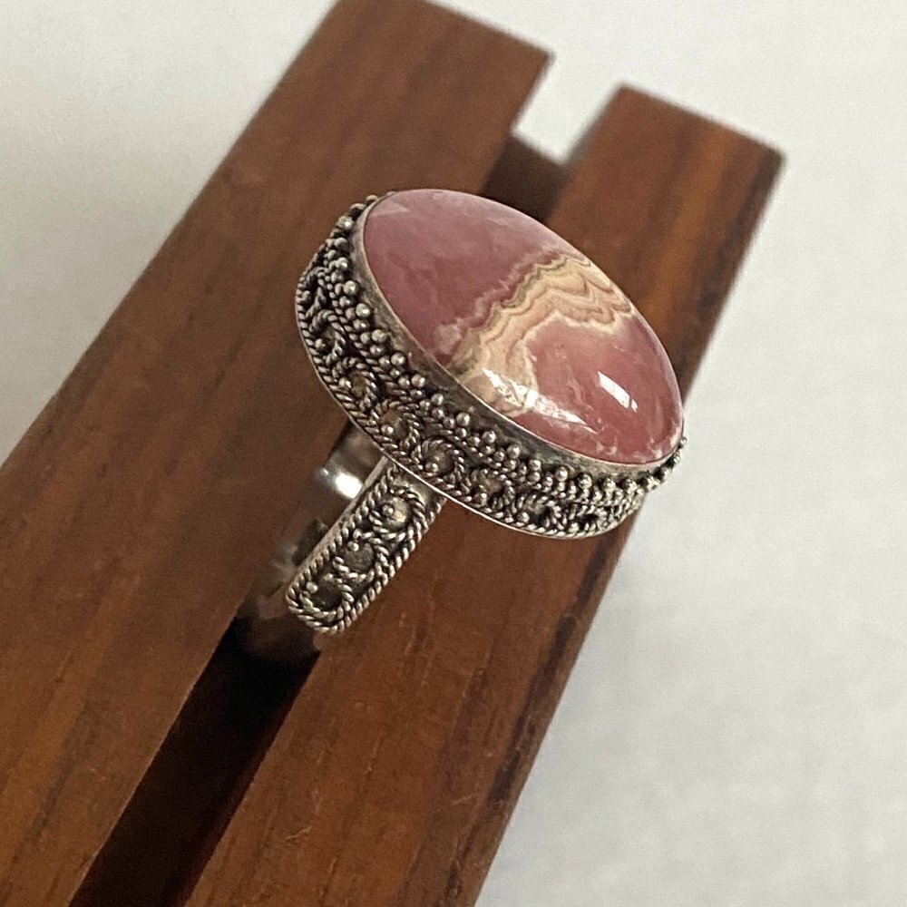 Sterling Silver 925 MNSN Oval Bezel Set Pink Rhodochrosite Cabochon Ring Sz 6.5 - Picture 12 of 16